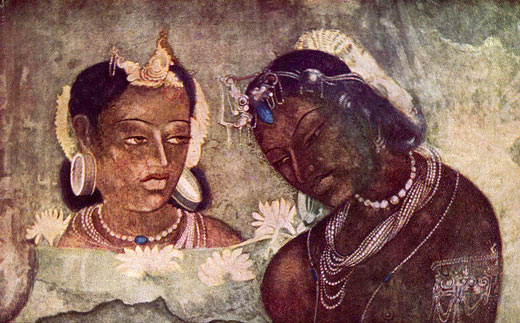 Prinzessin  und Dienerin (Wandbild aus dem Hhlentempel von Ajanta, Ausschnitt)