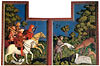 Kreuzaltars der Augustiner-Stiftskirche in Polling, Innenseiten der Flgel: Herzog Tassilo reitet, von drei Knappen begleitet, zur Jagd