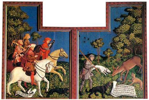 Kreuzaltars der Augustiner-Stiftskirche in Polling, Innenseiten der Flgel: Herzog Tassilo reitet, von drei Knappen begleitet, zur Jagd