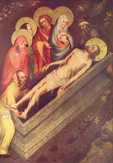 Wittingauer Altar; Tafel, Vorderseite: Grablegung Christi; Rckseite: Die Heiligen gidius, Papst Gregor d. Gr. und Hieronymus