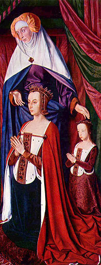 Anne de France mit der Schutzheiligen und ihrer Tochter Suzanne (Triptychon von Moulins, rechter Flgel)
