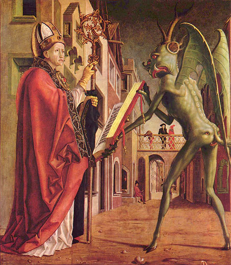 Kirchenvteraltar, rechter Flgel auen unten: Hl. Wolfgang und der Teufel