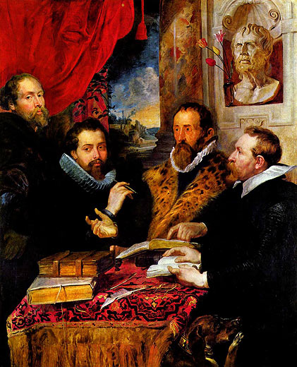 Die vier Philosophen (von links: Rubens, sein Bruder Philipp, der Gelehrte Lipsius und dessen Schler Jan van der Wouwere; ber diesem die Bste des Seneca)