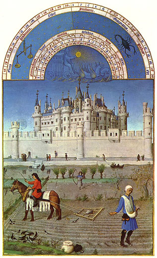 Trs Riches Heures du Duc Jean de Berry: Monatsbild Darstellung von dem mittelalterlichen Louvre in Paris