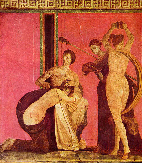 Dionysischer Fries mit gegeieltem Mdchen und Bacchantin (Pompejanische Wandmalerei des '2. Stils; Ausschnitt)