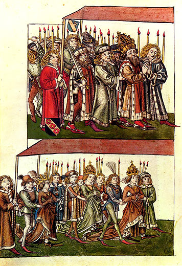Knig Sigismund und Knigin Barbara auf dem Zug ins Mnster (aus Ulrich von Richental: Chronik des Konzils von Konstanz)