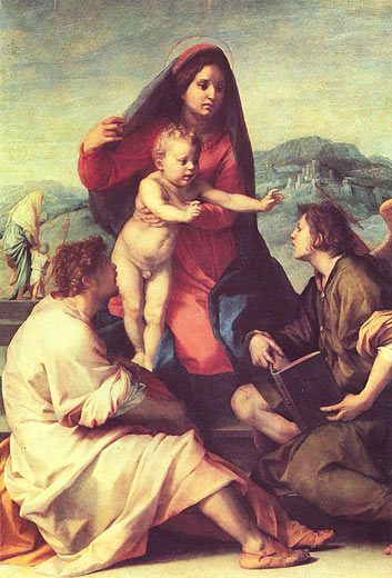Madonna mit dem Jesuskind, einem Heiligen und einem Engel