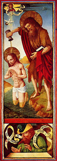 Johannesaltar der Schonenfahrer, rechter Flügel außen oben: Taufe Christi, unten: Ein Prophet