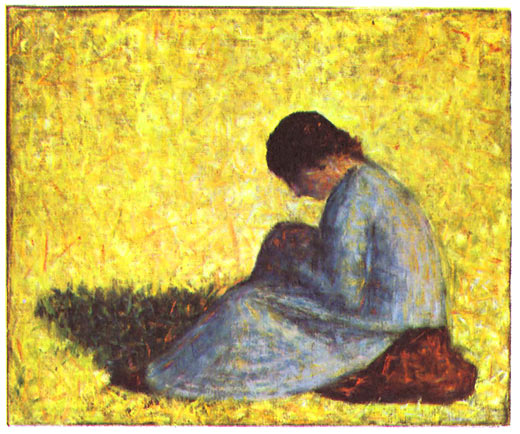 Paysanne assise dans l'herbe