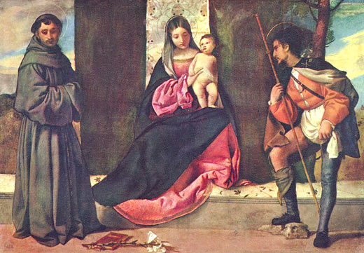 Maria und das Jesuskind zwischen dem heiligen Antonius von Padua und dem heiligen Rochus