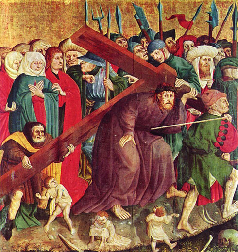 Wurzacher Passionsaltar, linker Flügel innen unten: Kreuztragung Christi