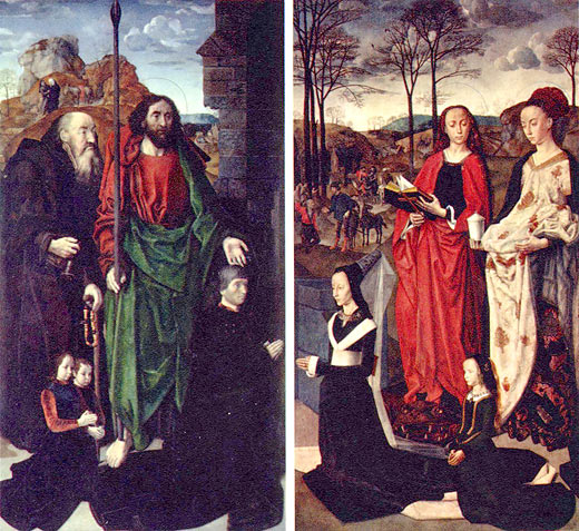 Portinari-Altar, linker Flügel: Die Heiligen Antonius und Thomas mit Tommaso Portinari und zwei Söhnen, rechter Flügel: Die Heiligen Margareta und Maria Magdalena mit Maria Portinari und ihrer Tochter
