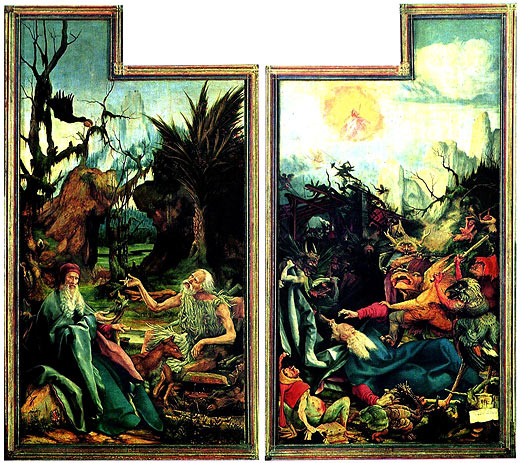 Isenheimer Altar, geffnet: 2. Wandlung, Flgel: Der hl. Antonius beim hl. Paulus, Die Versuchung des hl. Antonius