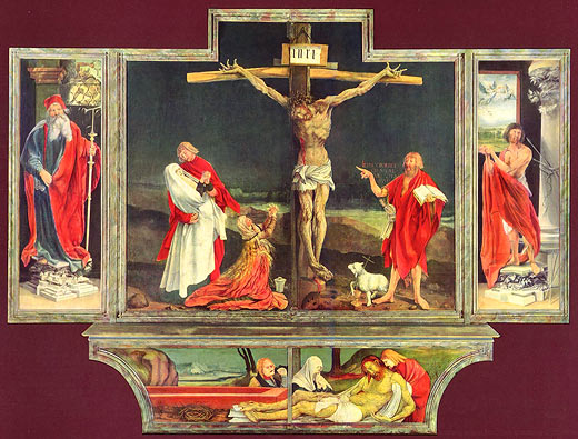 Isenheimer Altar, geschlossen: Hl. Antonius, Kreuzigung Christi, Hl. Sebastian, Beweinung Christi