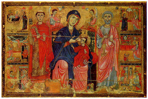 Altartafel mit der thronenden, das Kind stillenden Madonna zwischen den Heiligen Petrus und Leonhard