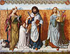 Bartholomäusaltar, Mitteltafel: Der Hl. Bartholomäus mit dem Stifter zwischen den Heiligen Agnes und Cäcilia