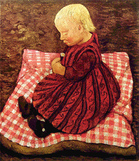 Bauernkind auf rotgewürfeltem Kissen