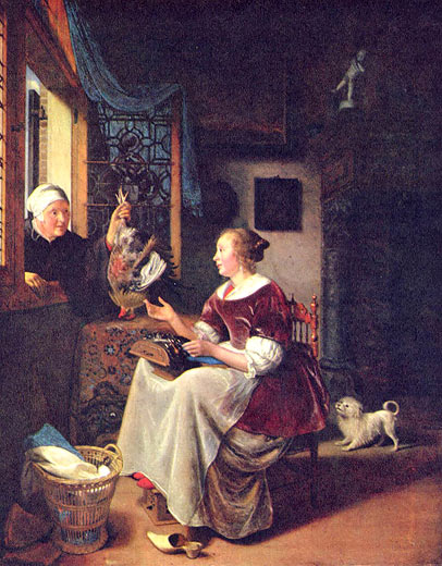 Einer jungen Frau reicht eine Alte einen Hahn durchs Fenster