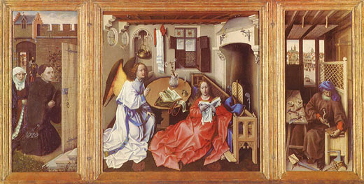 Mérode-Altar, rechter Flügel: Joseph in der Werkstatt, linker Flügel: Kniendes Stifterpaar