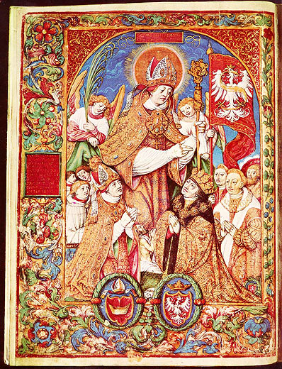 Hl. Stanislaus mit König Sigismund, Bischof Tomicki sowie M. und K. Szydlowiecki  (Titelblatt zu Jan Dlugosz ›Catalogus...‹)