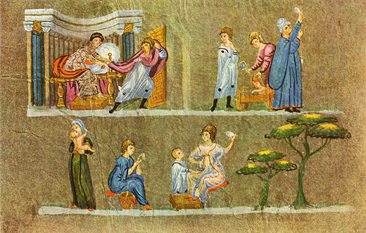 Wiener Genesis, Miniatur: Joseph und die Frau des Potiphar