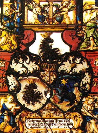 Allianzscheibe mit dem Wappen des Hauptmanns Balthasar Irmi und seiner Gattin Margreth Harscher aus Basel