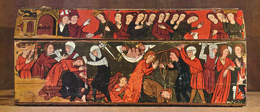 Die Einschiffung und die Tötung der Jungfrauen (Gemälde auf dem Schrein der hl. Ottilie)